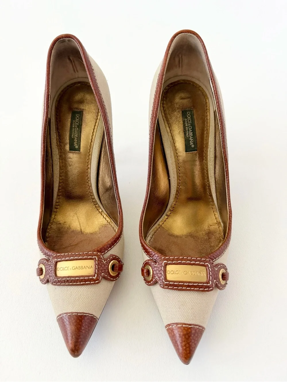 DOLCE & GABBANA | Vintage Canvas Leather Pointed Toe Pumps Heels EU 36.5